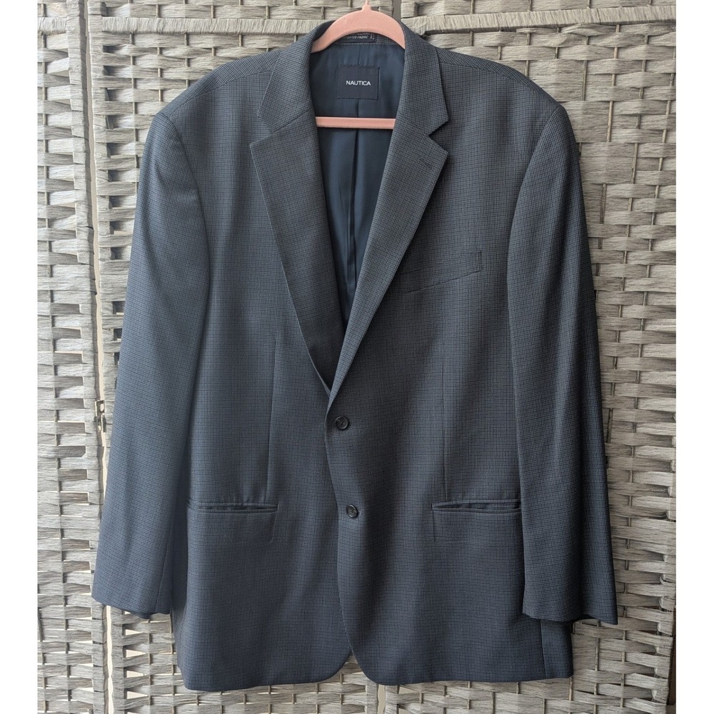 Nautica Blazer Gray Micro Check Wool Two Button Sport Coat Mens Sz 48L